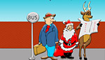 Дядо Коледа и елен чакат автобус